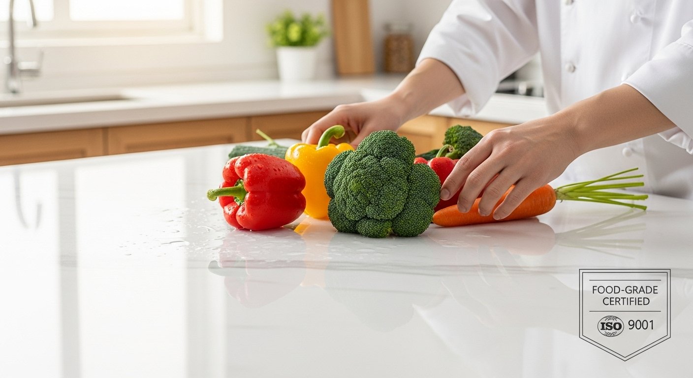 A food-grade certified artificial marble countertop from manufacturer SINOCARE, ensuring ISO-compliant safety and quality for kitchens.