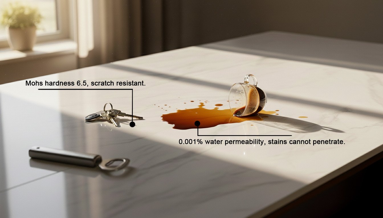 Icon illustrating the extreme durability of SINOCARE artificial marble, highlighting its Mohs 6.5 hardness and 0.001% water absorption rate.
