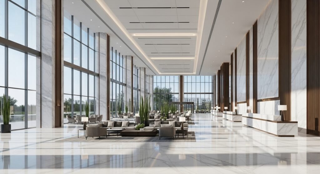 Luxury hotel lobby featuring SINOCARE artificial marble on floors and reception desk, demonstrating its use in large-scale commercial applications.