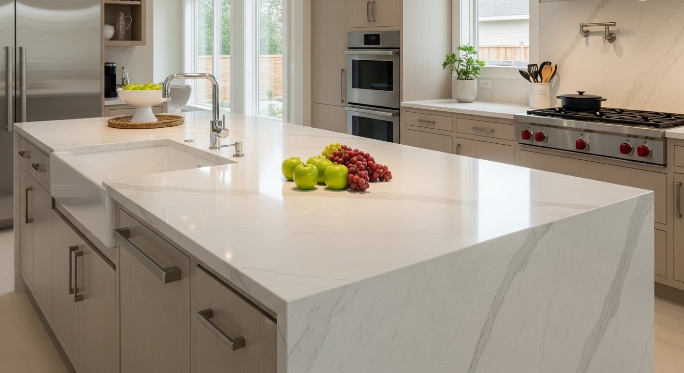 A modern kitchen featuring a seamless waterfall island and integrated sink, made from SINOCARE food-grade artificial marble.