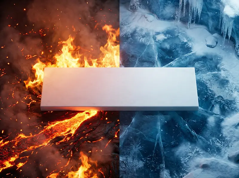 Split screen showing SINOCARE marble resisting fire and freezing ice.