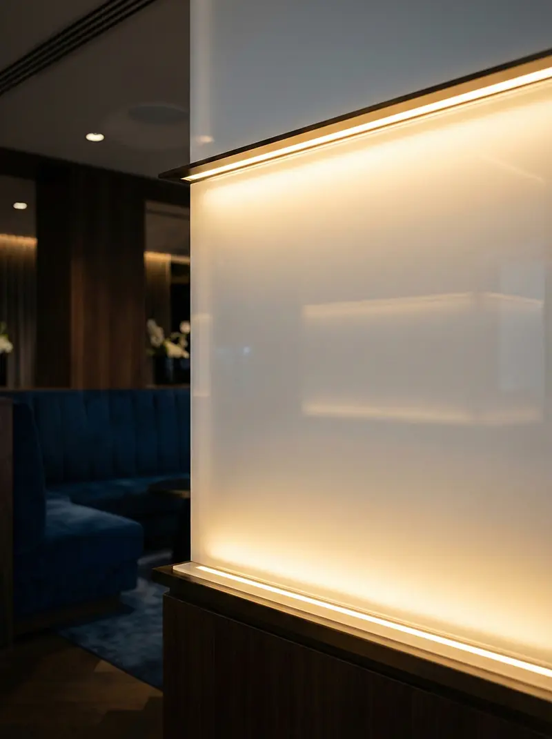 SINOCARE translucent white artificial marble with warm lighting.